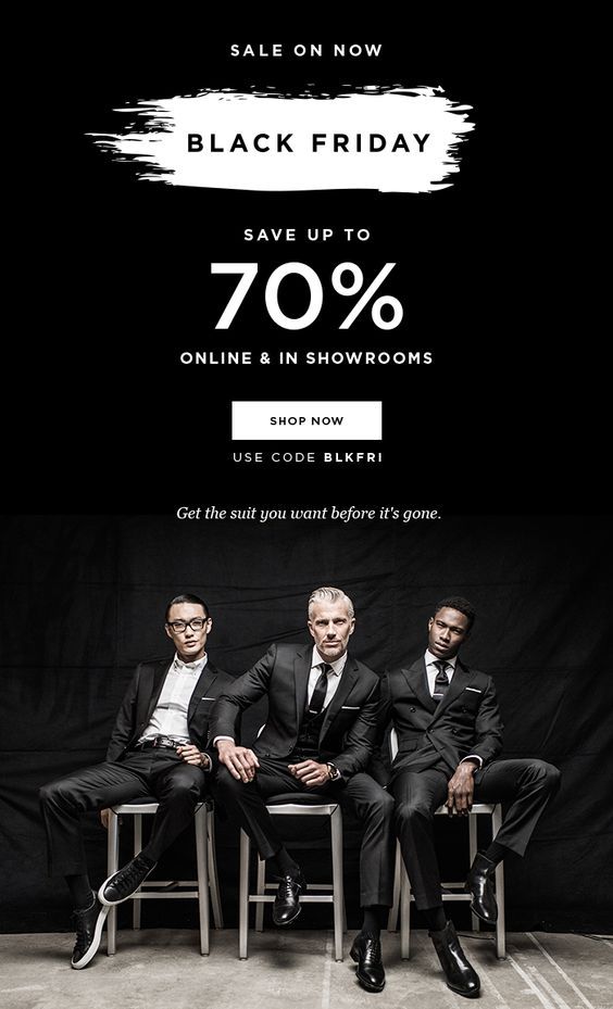 black friday sale with three men in suits sitting on chairs