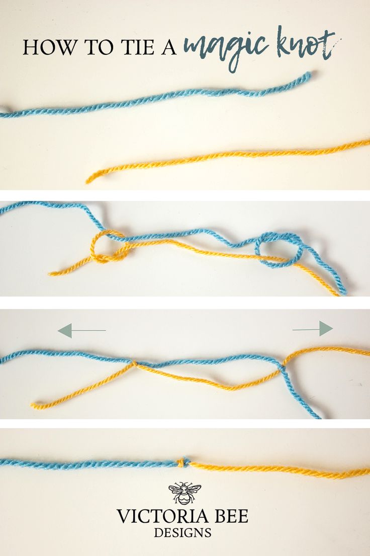 Four photos showing the steps of making a magic knot using one strand of blue yarn and one strand of yellow yarn. Amigurumi Patterns, Crochet, Quilting, Diy, How To Tie A Knot, Joining Yarn, Yarn Ball, Loom Knitting, Loom Craft