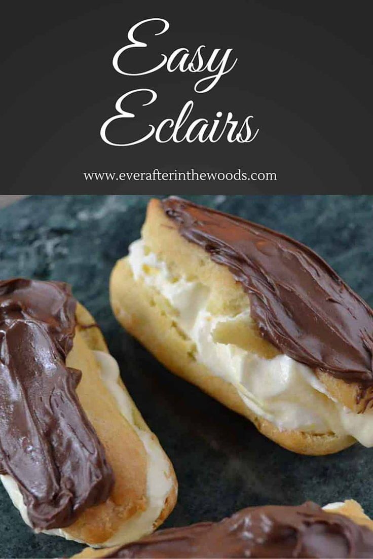 two chocolate covered donuts with white frosting on them and the words easy eclairs