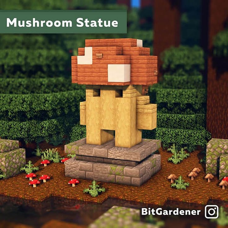 a mushroom statue in the middle of a forest with mushrooms around it and trees behind it