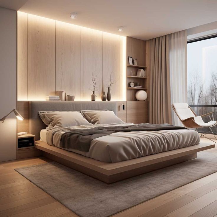 a bedroom with a large bed and wooden floors