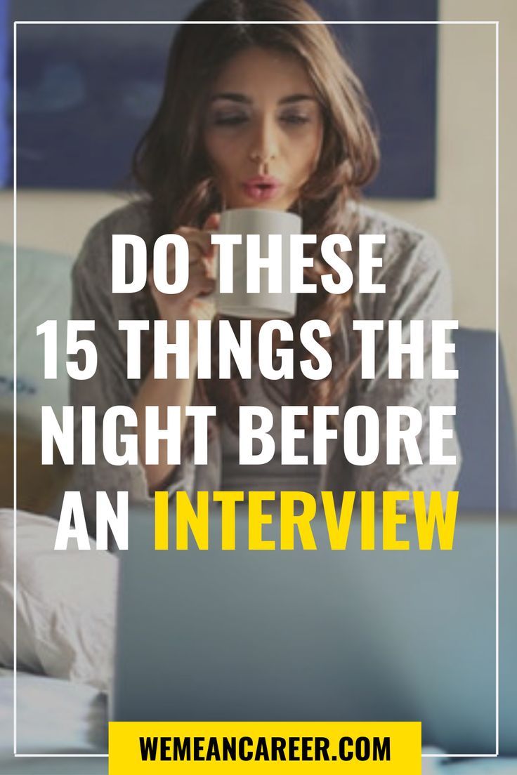 a woman drinking coffee while using her laptop on the bed with text that reads do these 15 things the night before an interview