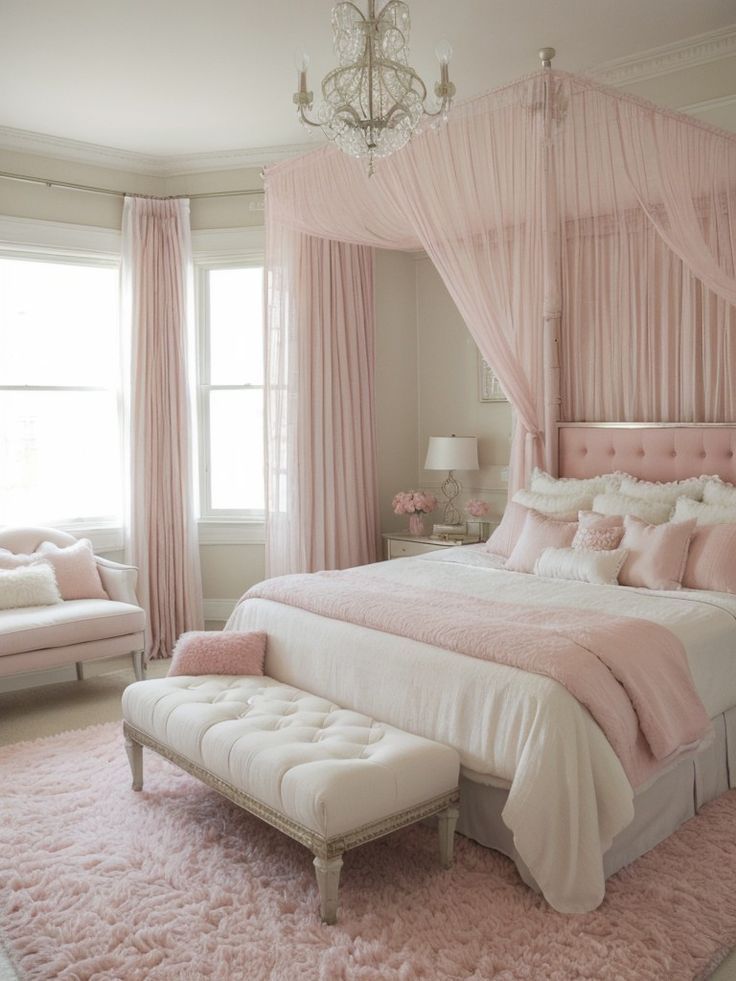 a bedroom with pink bedding and curtains on the window sill, chandelier, chair, footstool and ottoman