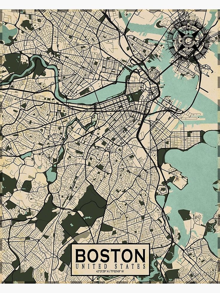 a map of boston with the name and streets