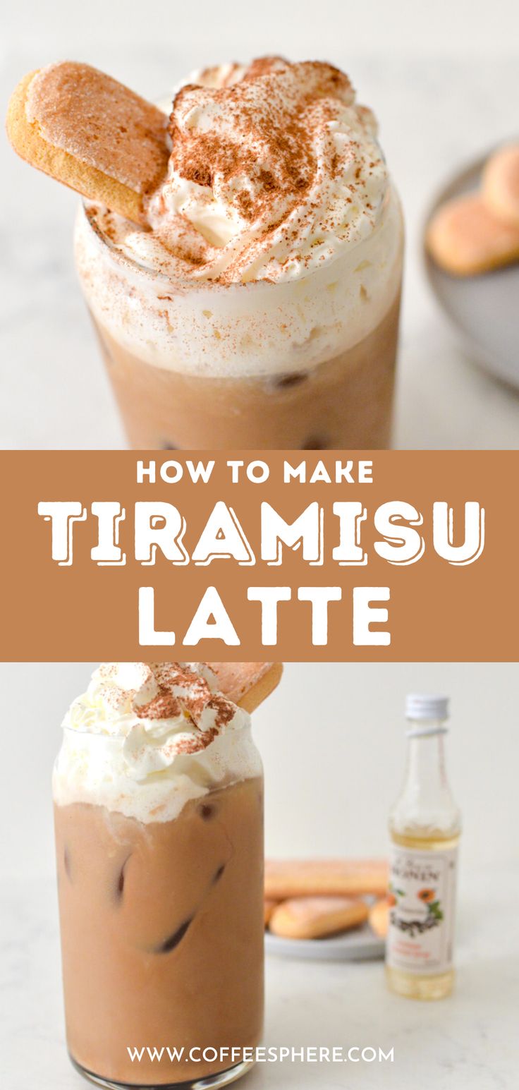 two glasses filled with hot chocolate and marshmallows, the text reads how to make tiramsu latte