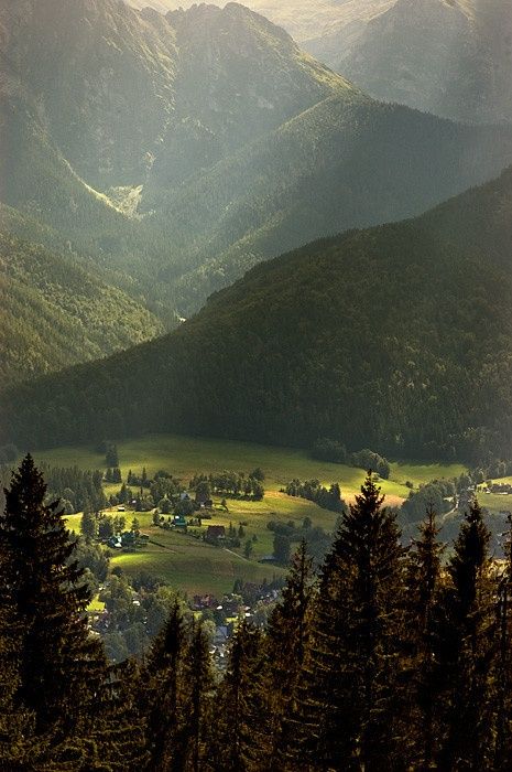 the mountains are covered with green grass and trees in the foreground is a small town