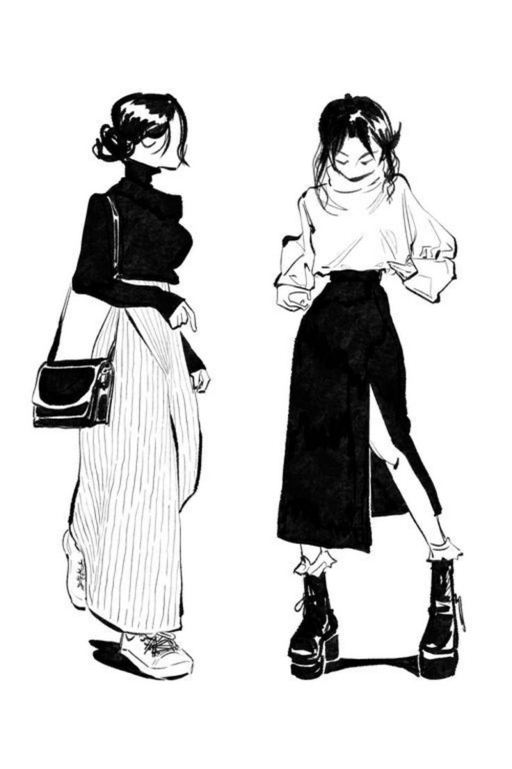 two women standing next to each other in black and white, one with her hand on her hip