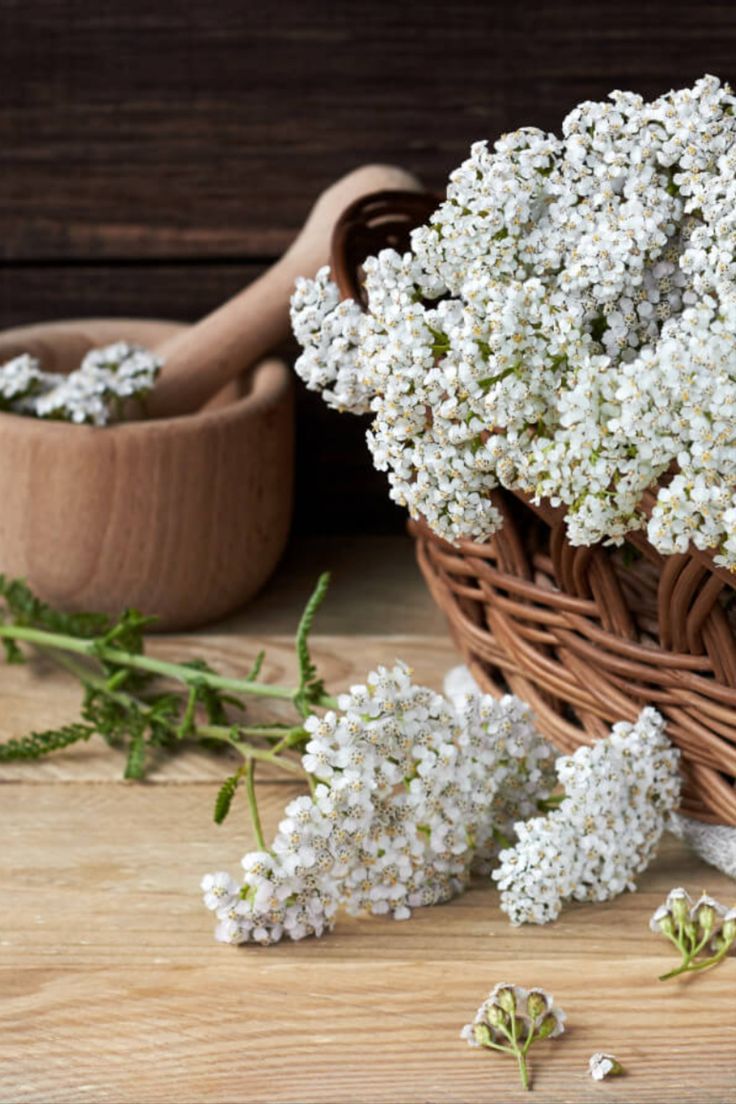 some white flowers are in a basket on a wooden table next to a mortar bowl