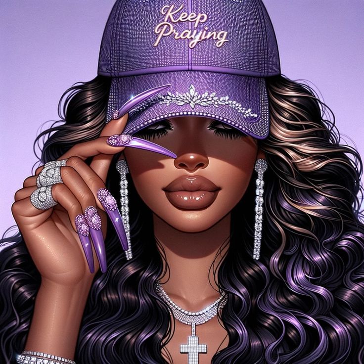a painting of a woman wearing a purple baseball cap and holding a cross in her right hand