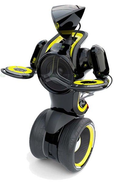 an image of a robot with wheels on it's back and yellow trims