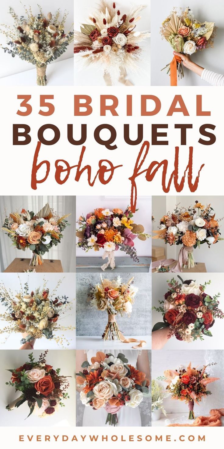 the top five bridal bouquets for boho - fau, with text overlay