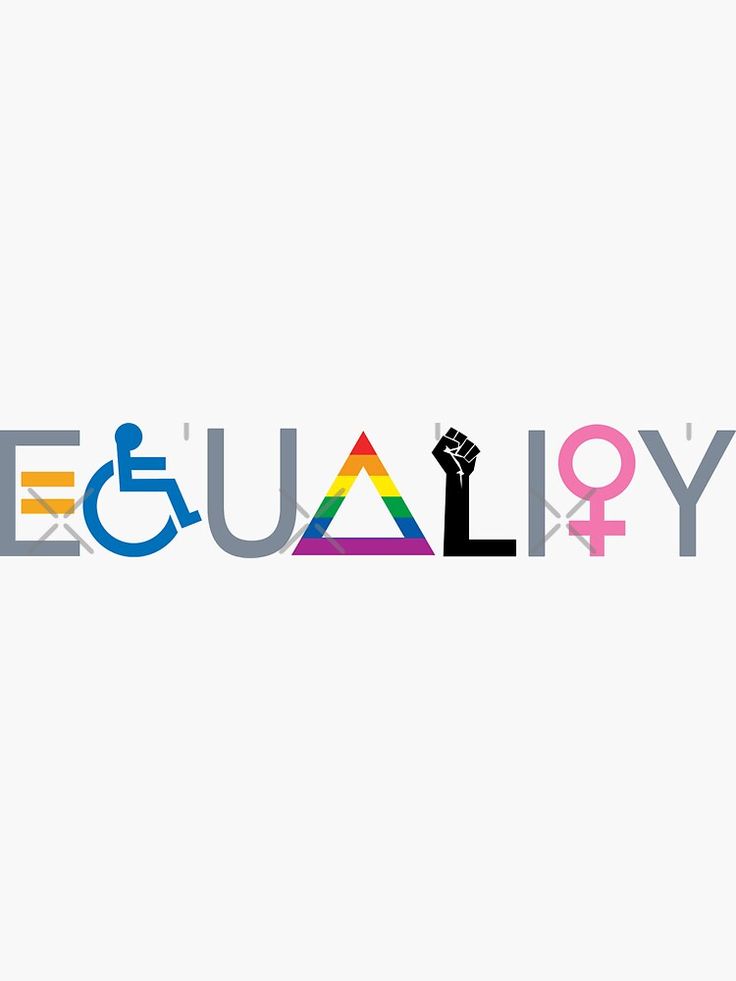 the word equality is made up of colorful letters and people in different colors, including one with