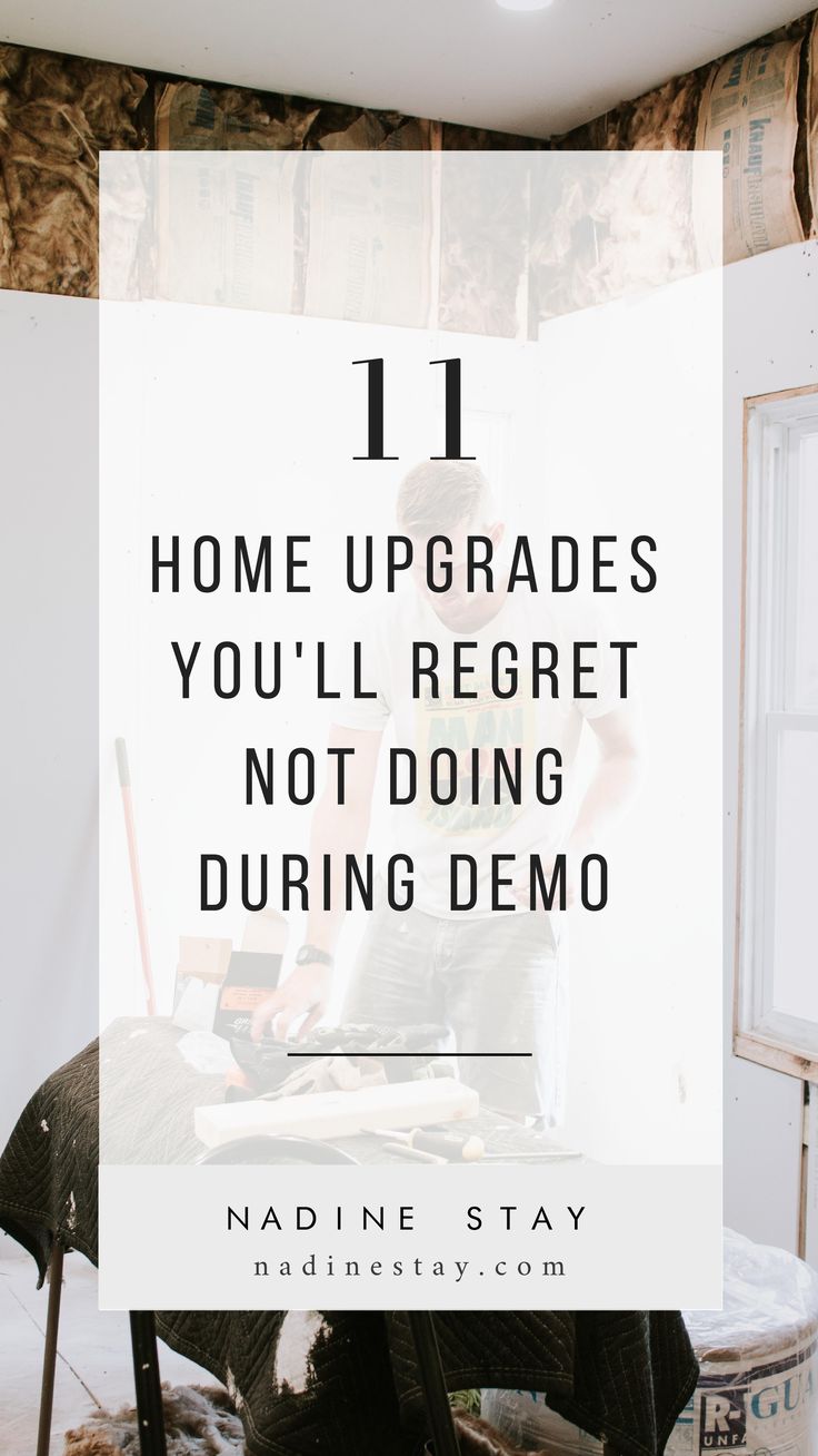a man sitting at a desk with the words 11 home upgrades you'll regt not doing during demo