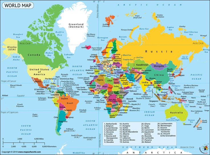 a world map with all the countries and major cities on it's borders, labeled in bright colors
