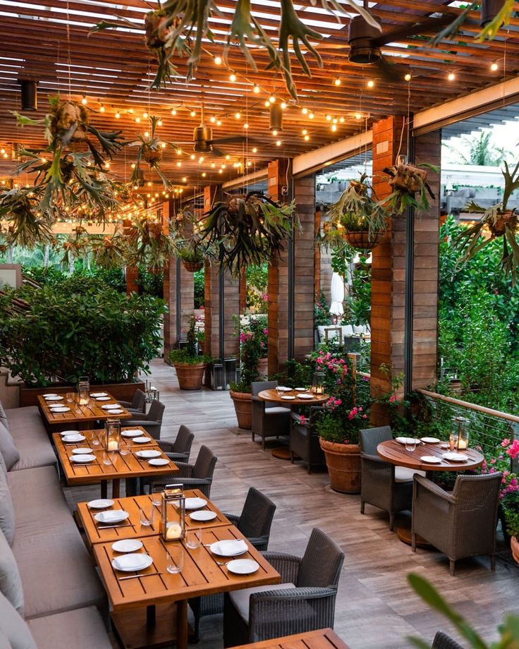 an outdoor dining area with tables and chairs, potted plants on the wall and lights hanging from the ceiling