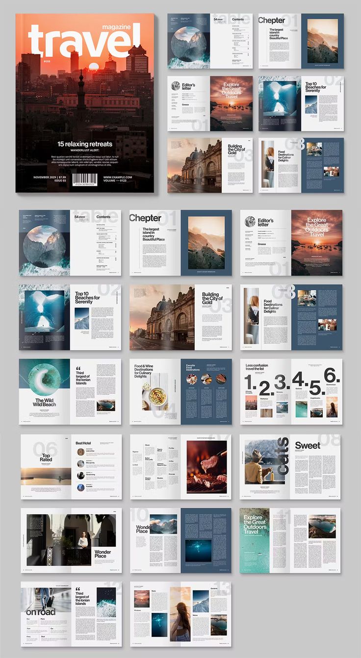 a large collection of brochures with different images