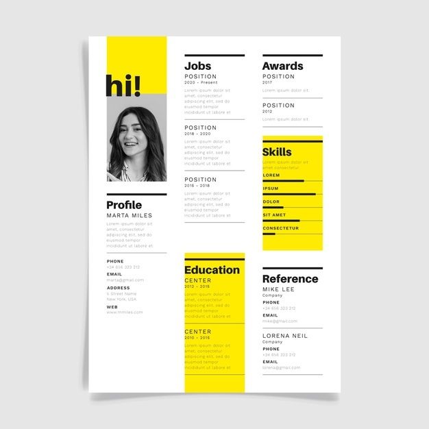 a yellow and black resume template with an image on the front, side and back