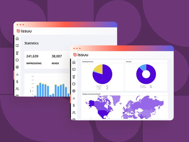 two screens displaying graphs and data on purple background