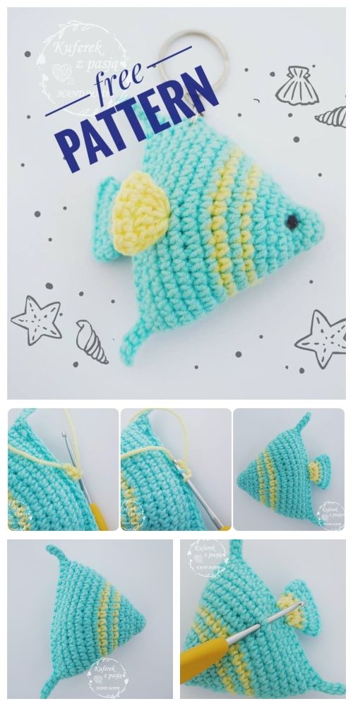 crocheted fish ornament is shown with the instructions for it to make