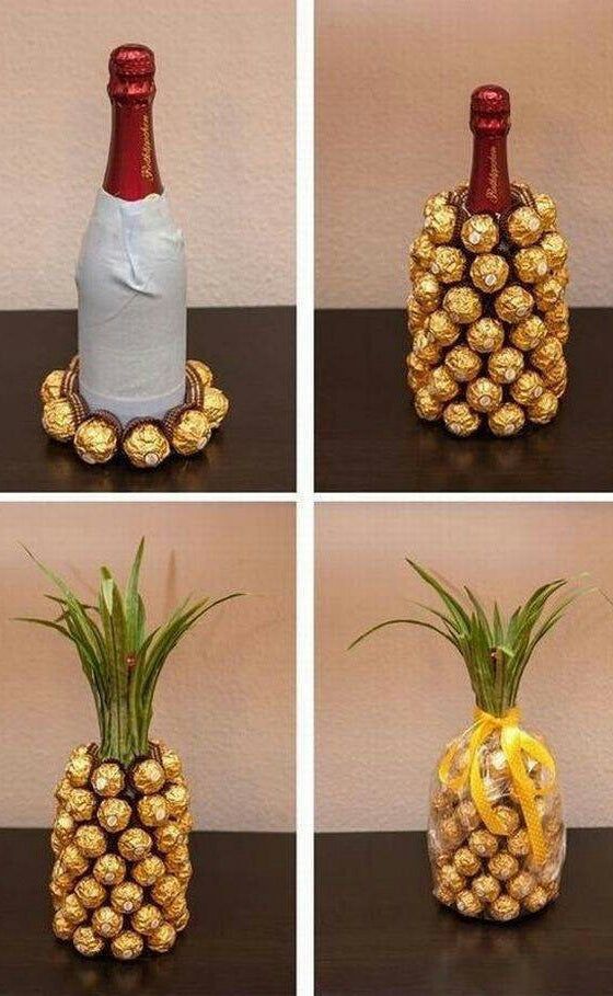 four pictures of pineapples and a bottle of wine in the shape of a pineapple