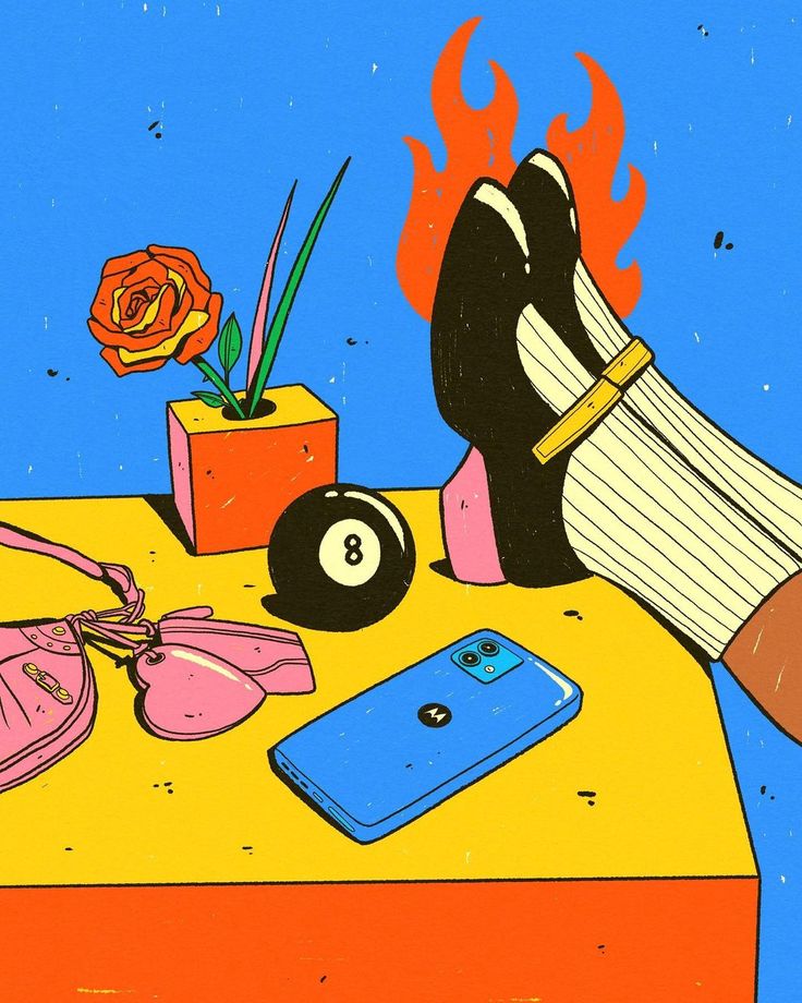 an illustration of a person's feet resting on a table next to a bag and cell phone