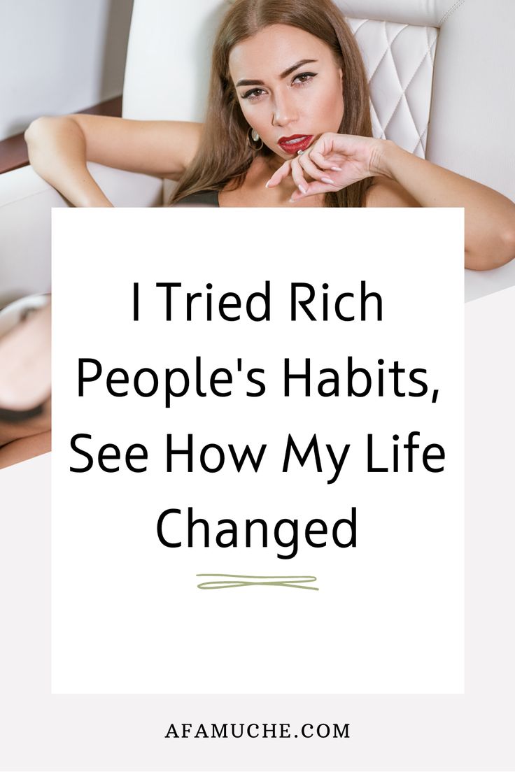 a woman sitting in a chair holding a sign with the words i tried rich people's habit, see how my life changed