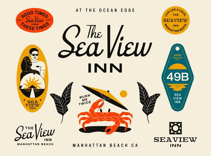 the sea view inn logo is shown in this graphic art work, with different types of logos