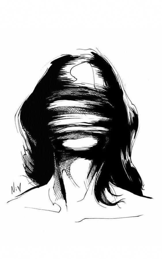 a black and white drawing of a woman's head with her hair pulled back