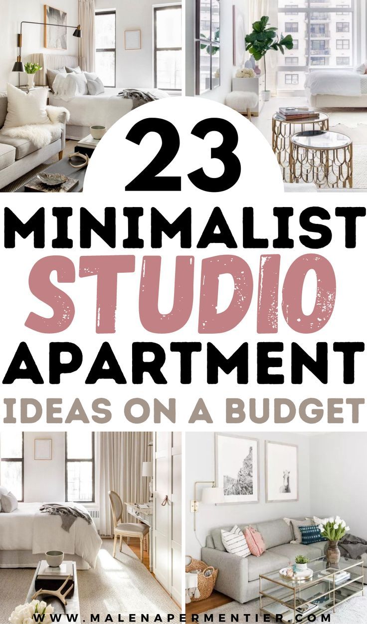 the words 23 minimalist studio apartment ideas on a budget are shown in this collage