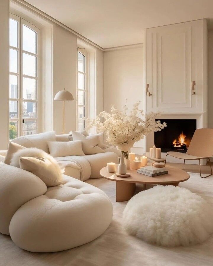 a living room filled with furniture and a fire place in the middle of the room
