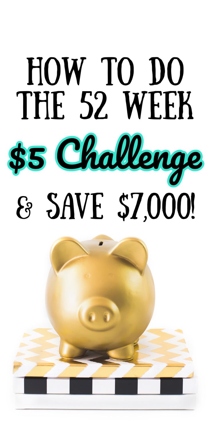 a gold piggy bank sitting on top of a checkered tablecloth with the words how to do the 52 week $ 5 challenge and save $ 7, 000