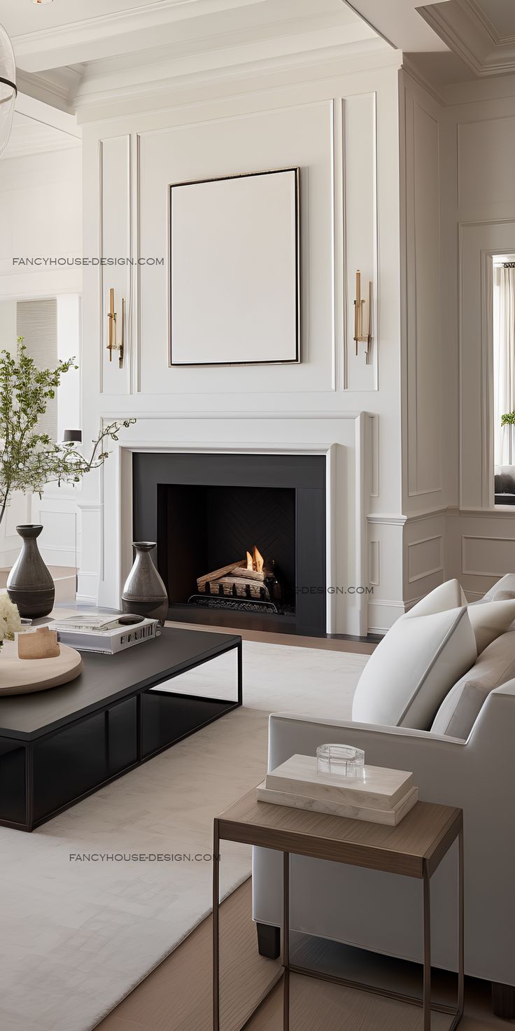 a living room with white furniture and a fire place in the fireplace mantels