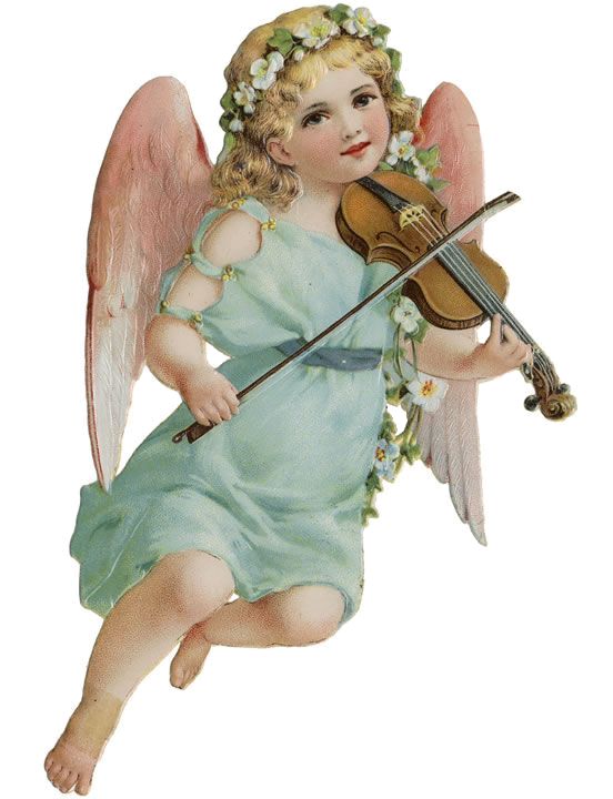 an angel holding a violin and wearing a wreath on her head is flying in the air