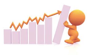 an orange cartoon character standing next to a bar chart with arrows going up and down