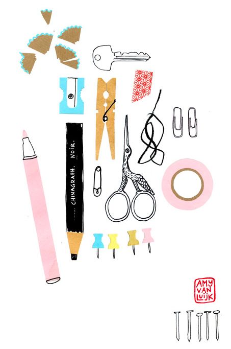 an assortment of crafting supplies including scissors, tape, pins and other items on a white background