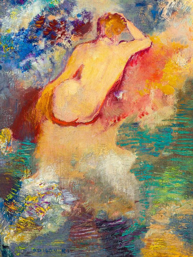 a painting of a woman sitting in the water with her back turned to the camera