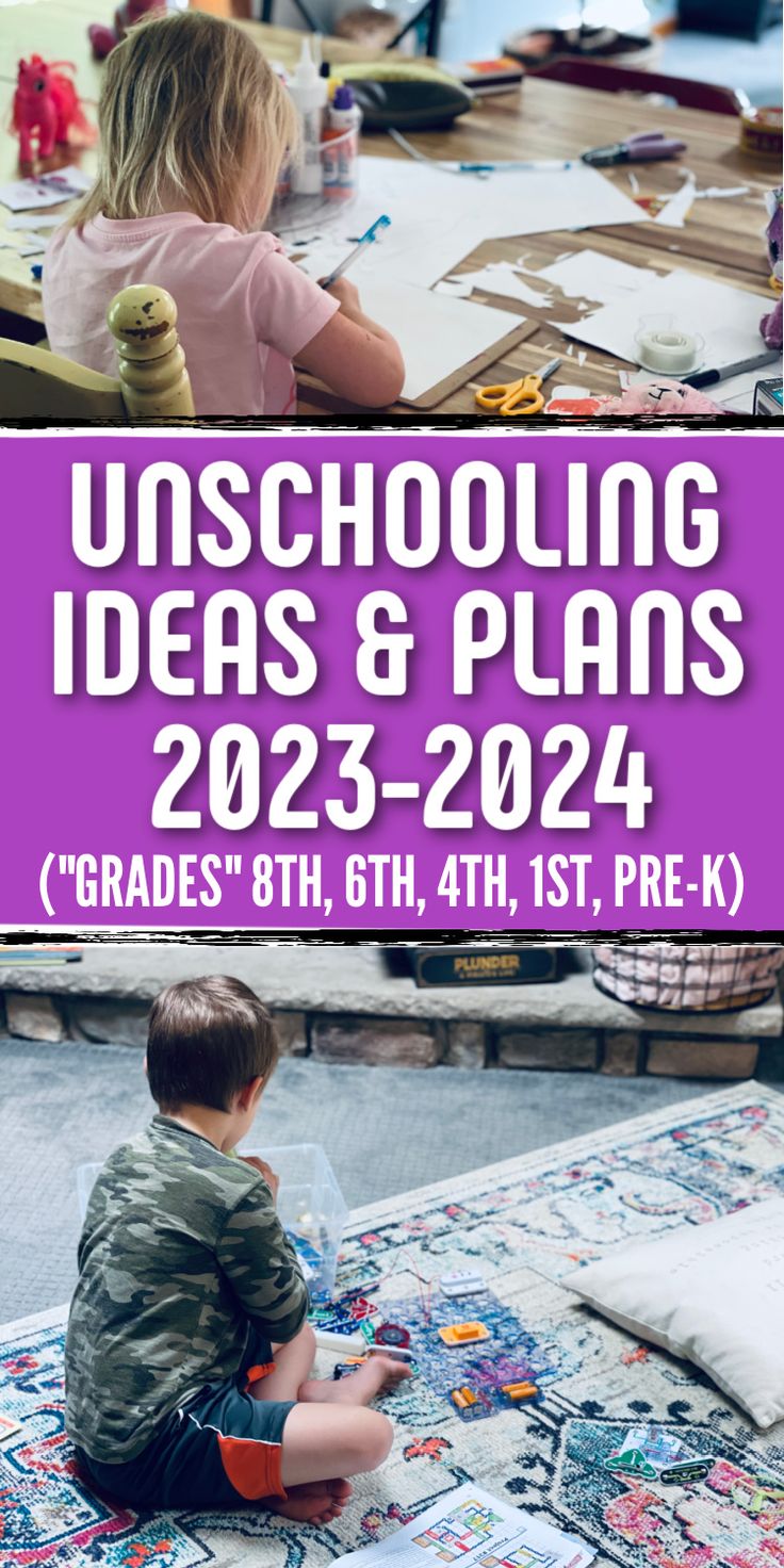 a young boy sitting on the floor next to a pile of crafting supplies with text overlay reading unschooling ideas and plans