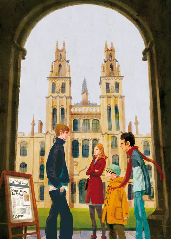 three children standing in front of a building with an arched doorway, looking at a sign