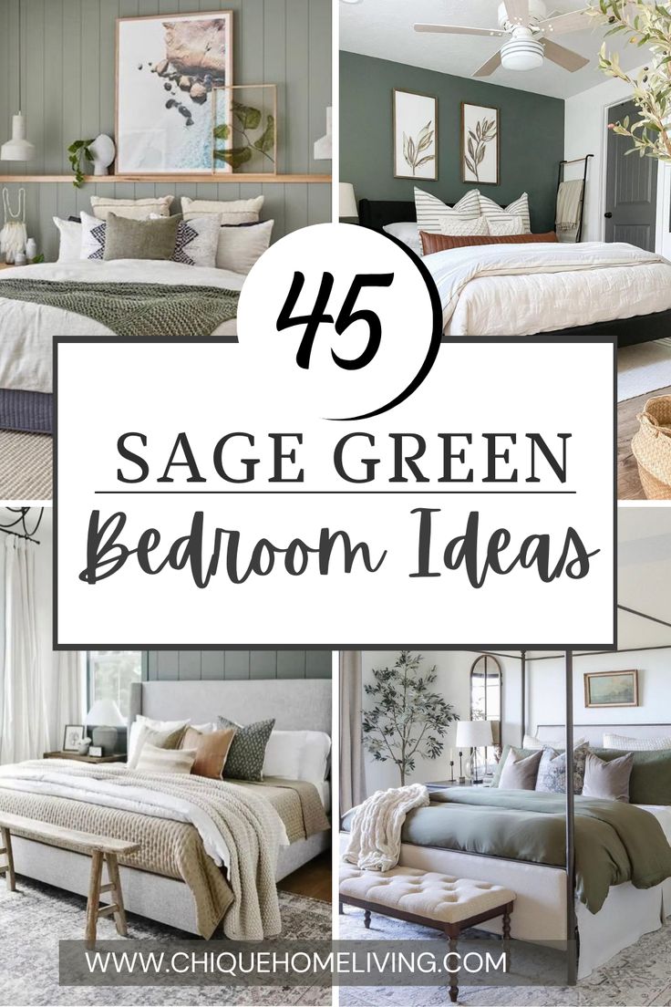 bedroom with green walls and white bedding in the middle, text overlay says sage green bedroom ideas