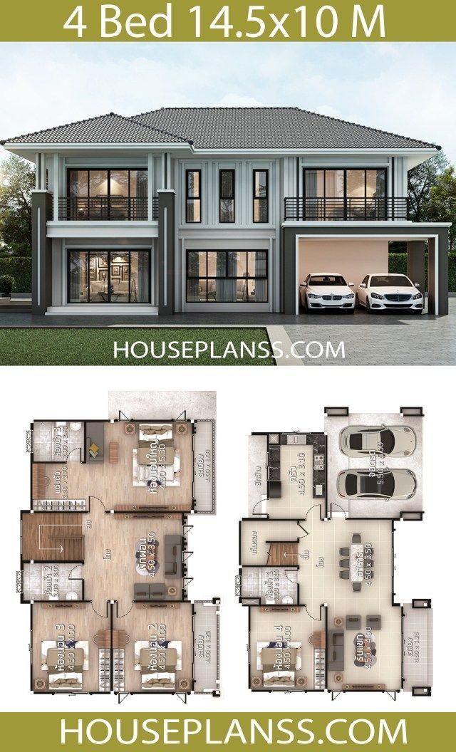 two story house plan with four car garages and 4 beds in each floor area