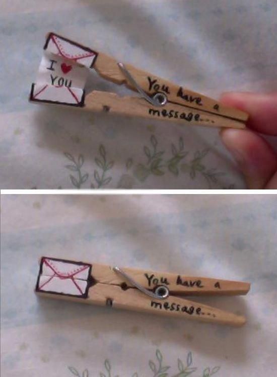 two pictures of wooden clothes pins with words on them, one has an envelope and the other says you have a message