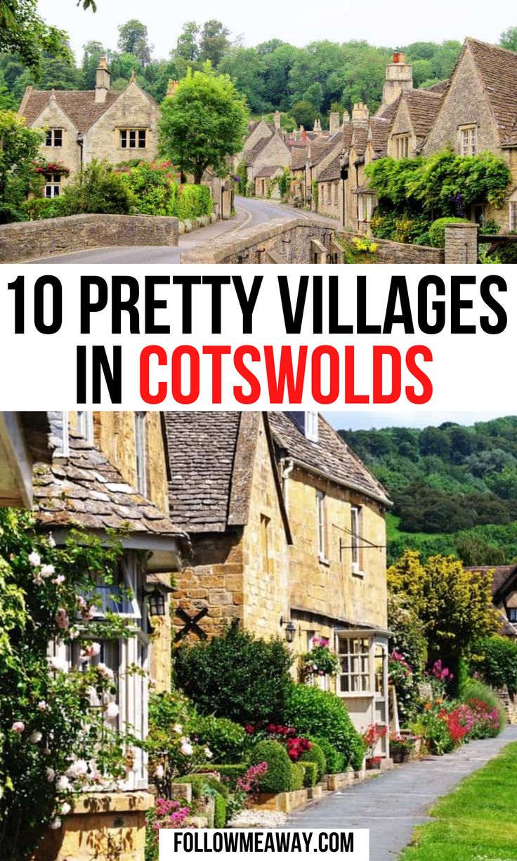 pretty village in cotswolds with text overlay