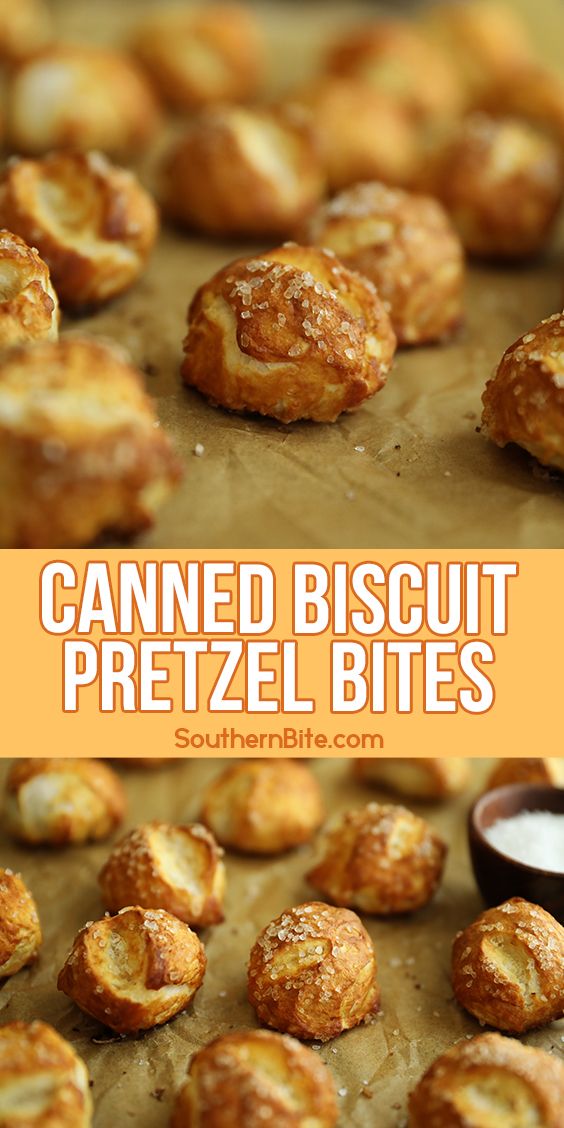 some food is laying out on a table with the words canned biscuit pretzel bites