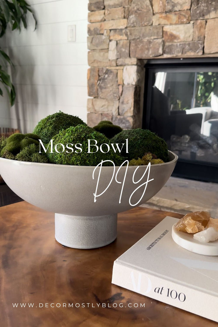 gray bowl with green moss. restoration hardware moss bowl dupe. gray pedestal bowl. large moss balls. reindeer moss.. Home Décor, Diy, Interior, Art, Floral, Moss Centerpieces Diy, Wooden Bowls Decor Ideas, Wooden Bowls Decor, Moss Centerpieces
