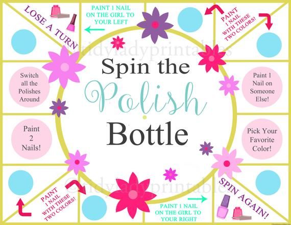 the spin the polish bottle game is shown in pink, blue and yellow colors with flowers on