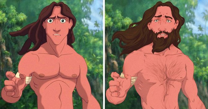 two pictures of a man with long hair and no shirt holding something in his hand