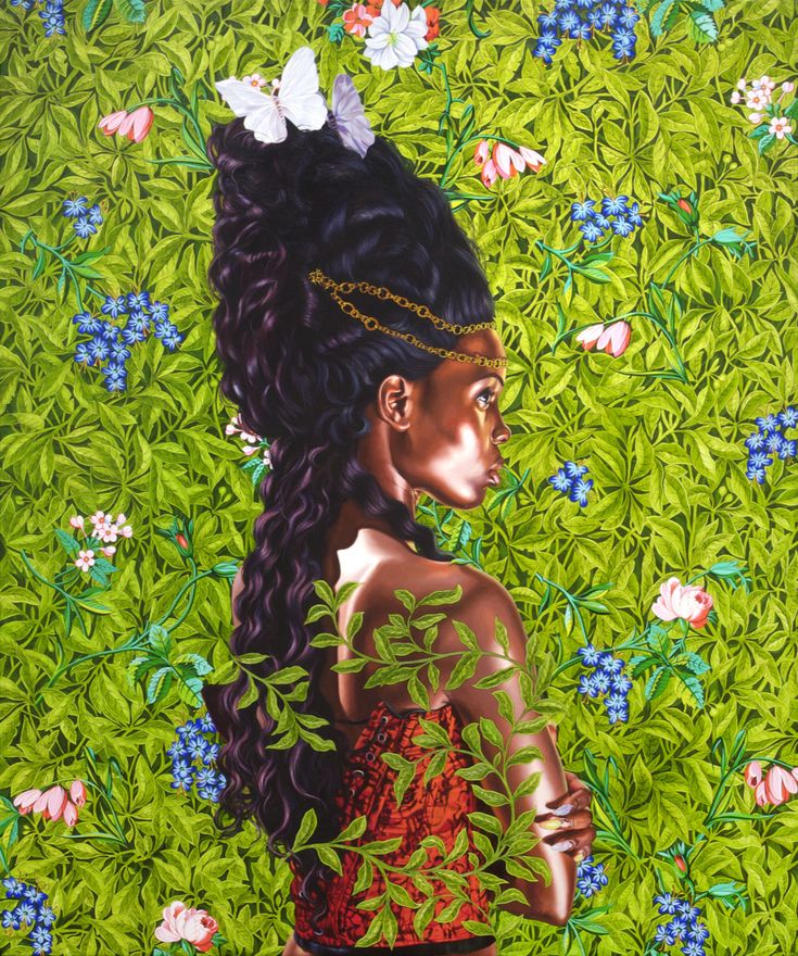 a painting of a woman with long hair and flowers in her hair, surrounded by green foliage