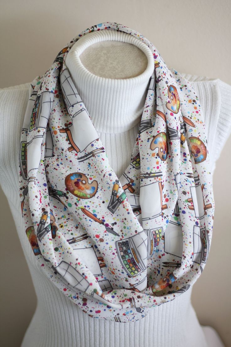 "Gift for Artists, Art Painting Infinity Scarf - Art Teacher Gift for Painter Gift Ideas Women Scarf Paint Palette Fashion Accessories Art painting scarf is a adorable accessory for every day! Specially patterned infinity scarf with colorful paint palette printed chiffon fabric.It can be perfect gift idea for art teachers. Measurement: Lenght :63\" Wide: 9\" Regular Scarf Measurements: Lenght :58.2\" Wide: 14.5\" Delivery times: North America: 1-2 weeks United Kingdom and EU: 1 weeks South Ameri Art, Accessories, Outfits, Ideas, Art Teacher Outfits, Art Teacher Gifts, Scarf Accessory, Scarf, Scarf Gift