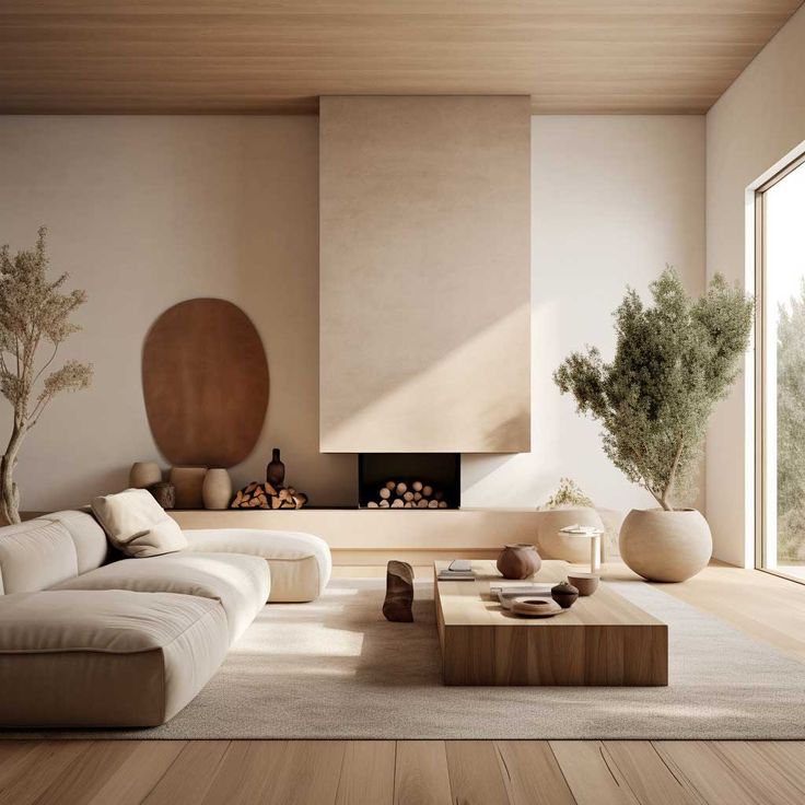 a modern living room with wood floors and white furniture in the center, along with large windows