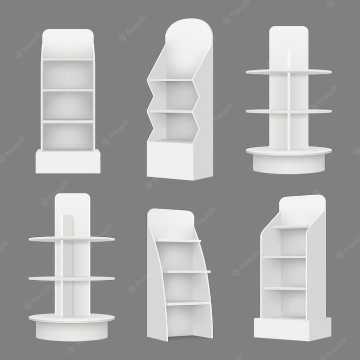 a set of white shelves with different shapes and sizes for display purposes, on a gray background
